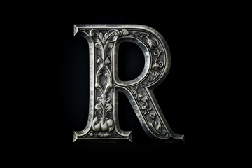 Wall Mural - Old silver font design, alphabet letter R with metal texture and decorative floral pattern isolated on black background