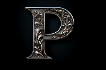 Wall Mural - Old silver font design, alphabet letter P with metal texture and decorative floral pattern isolated on black background