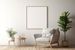 Cozy interior featuring white walls, wooden floor, comfy armchair, plant in vase, and a poster frame mock-up. Generative AI