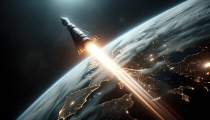 Wall Mural - rocket launch from the earth planet through the clouds with a bright glow of the engine on the orbit