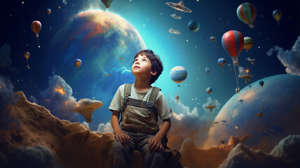 little boy with moon in space at background of the earth