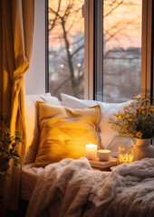 Wall Mural - Christmas interior of a cozy bedroom, a room with a view of the evening city in lights, New Year, apartment, sweet home, holiday decor, plaid, pillow, candles, bed, window, warm, holiday, festive