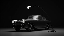 Unique Classic Car Under Road Lamp Isolated Black Background. AI Generated Image