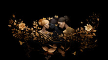  Three Girls From Different Ethnicities Hugging Each Other As Foliate Gold Flowers And Vines Surround Them, In The Style Of A Delicate Dark And Brooding Design