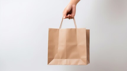 Wall Mural - Hand holding Shopping paper bag isolated on white background. AI generated image