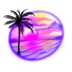 Airbrush vintage tropical palm paradise beach island with purplish sky on sunset circle banner you can add text for your beloved memories and applies on tshirt vintage merch design, or backgroun