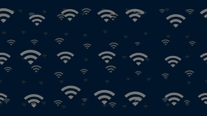Poster - Wifi symbols float horizontally from left to right. Parallax fly effect. Floating symbols are located randomly. Seamless looped 4k animation on dark blue background