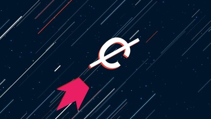 Poster - Cent symbol flies through the universe on a jet propulsion. The symbol in the center is shaking due to high speed. Seamless looped 4k animation on dark blue background with stars
