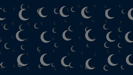 Poster - Moon symbols float horizontally from left to right. Parallax fly effect. Floating symbols are located randomly. Seamless looped 4k animation on dark blue background