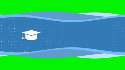 Poster - Animation of blue banner waves movement with white square academic cap symbol on the left. On the background there are small white shapes. Seamless looped 4k animation on chroma key background