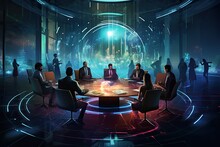 Business People In Meeting Room With Glowing HUD Interface, 3D Rendering, Illustration, Group Of Developers Working In Office, Business Meeting Concept