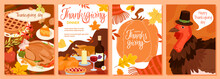 Cartoon Autumn Harvest And Fall Leaves Pattern, Rustic Food For Happy Thanksgiving Dinner, Turkey In Hat. Happy Thanksgiving Day Banner, Poster Or Greeting Card Design Set Vector Illustration
