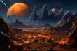 Mountains formed of molten rock with strange extraterrestrial orbs scattered around. Generative AI