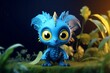 adorable extraterrestrial critter concealed in foliage, standing alone on blank backdrop. youthful animated beast with fangs and feelers. blue charming creature with yellow tummy. 3D. Generative AI