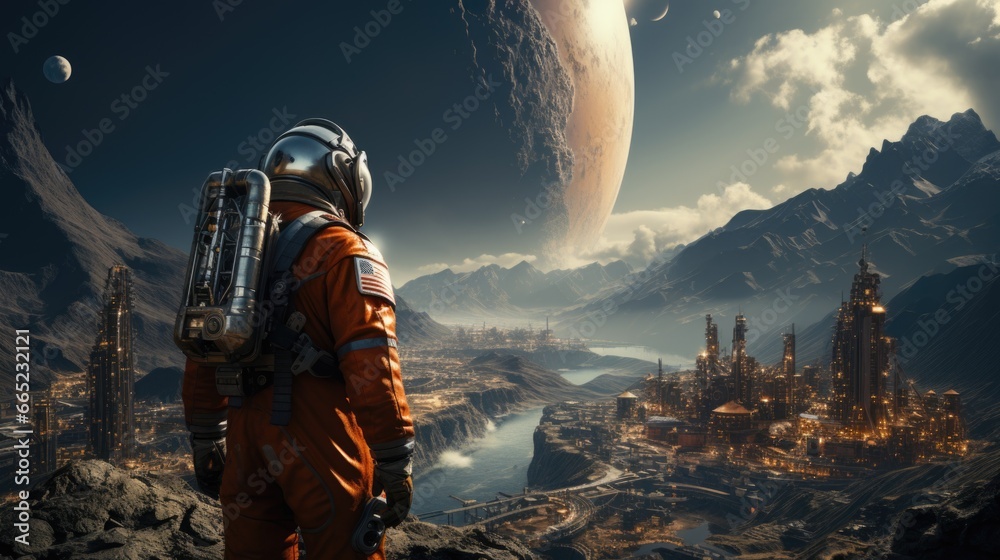 Back view of astronaut wearing space suit walking on a surface of a red ...