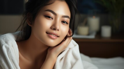 Beautiful young asian woman with clean fresh skin on spa background, Face care, Facial treatment, Cosmetology, beauty and spa, Asian women portrait