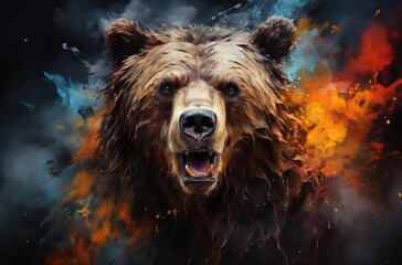 colorful painting of a bear with creative abstract elements as background