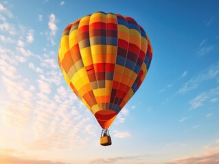 Wall Mural - A hot air balloon floats above the ground in front of a blue sky background