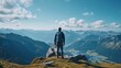 AI generated illustration of a man at the top of a hill, admiring the mountain range in the distance