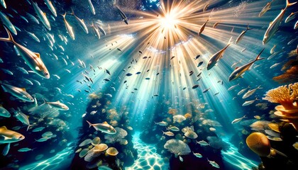 Wall Mural - a group of fish swim in a large aquarium with the sun shining through the clouds