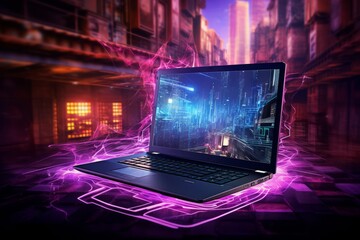 Futuristic abstract laptop. Computer technology, neon screen, display futuristic.