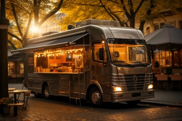 Poster - Fast food truck in an urban environment. Background with selective focus and copy space