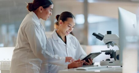 Wall Mural - Scientist, women and teamwork on tablet and computer for laboratory advice, medical research and night planning. Students, science people or mentor on digital technology of test results or comparison