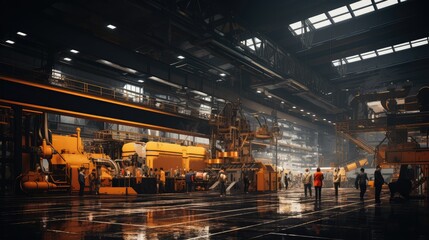 Sticker - A modern factory with yellow and black machines and some workers
