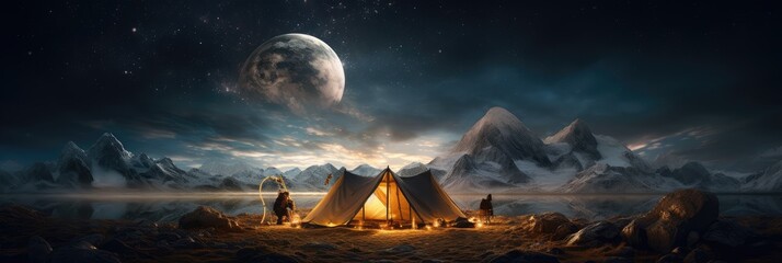 Poster - A tent pitched in front of beautiful outdoor scenery at night