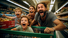 A Joyful Family With A Shopping Cart For Discounts Offers At The Supermarket