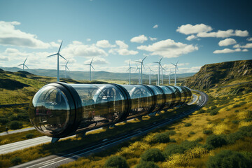 A hydrogen pipeline with wind turbines and in the background. Green hydrogen production concept. 