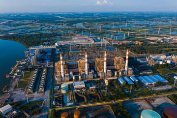 Sticker - Aerial view Bang Pakong power plant of gas power plant, Thermal power plants and fuel oil, Thermal power plants and fuel oil. electrical power plant. energy concept, morning sky