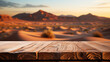 Wooden table top on blur desert background. For montage product display. View of copy space. 
