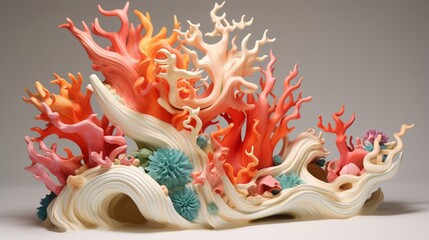 Shape an abstract 3D sculpture resembling a coral reef teeming with colorful marine life, set against a pristine white ocean.