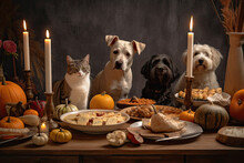 Dogs And Cats Sitting Around A Holiday Meal Table Generative AI