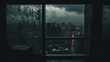 A dark cloudy view looking out from inside a high-rise apartment building