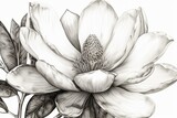 Close-up monochrome drawing of a magnolia flower in art style. Generative AI