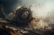 close-up of whirlwind, with wreckage and dirt whirling in the atmosphere. Generative AI