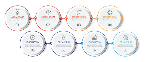 eight step infographic design, simple infographic design, lines, colors, icons, interconnected, suitable for your business presentation