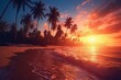 Adventure vacation landscape with stunning sunset, paradise island sand coast, palms, and relaxing vibes. Generative AI
