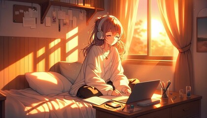 a woman who is listening to music in her room.  anime style.  illustration