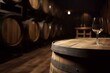 Blurry wine cellar backdrop, wooden table foreground. Generative AI