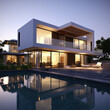 © Philippe André - Maison moderne au design épuré avec piscine au crépuscule
