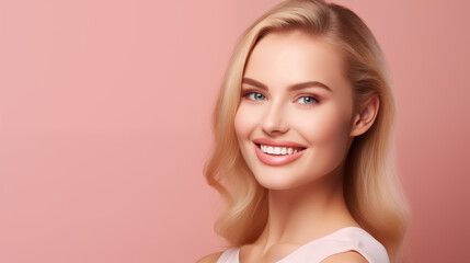 Sticker - Young Beautiful Blonde Woman With Beautiful Clean White Teeth, Good for Dental Advertisement
