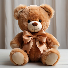 a brown teddy bear with a bow white background