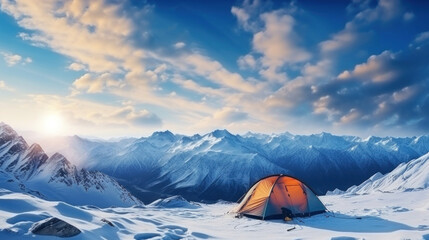 Wall Mural - Orange tent in the snow with mountains and sunset in the background