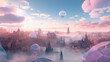Dreamy aethereal city with pink air balloons flying in the sky. Lucid dreaming and astral travel inspiration.