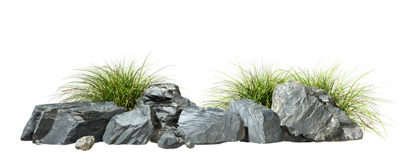 Sticker - Rocks composition and grass weed cutout transparent backgrounds 3d rendering png