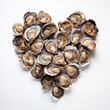 Heap of crispy boiled oyster be arranged into heart shape on isolated white background