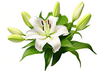 Wall Mural - Beautiful fresh lily flower with green leaves, isolated on white background.